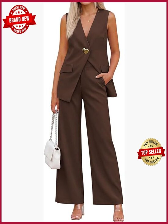 Pants - Dressy 2 Piece Pantsuit Set Sleeveless Blazer Vest Wide Leg Pants Business